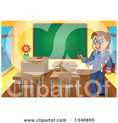 Clipart of a Cartoon Brunette White Male Teacher with Glasses, Holding a Book and Pointer Stick by a Chalk Board in a Class Room - Royalty Free Vector Illustration by visekart