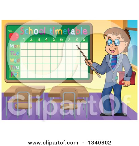 Clipart of a Cartoon Brunette White Male Teacher with Glasses, Holding a Book and Pointer Stick to a Back to Time Table in a Class Room - Royalty Free Vector Illustration by visekart