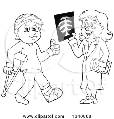 Lineart Clipart of a Cartoon Black and White Female Doctor Showing a Patient a Grayscale Xray - Royalty Free Outline Vector Illustration by visekart
