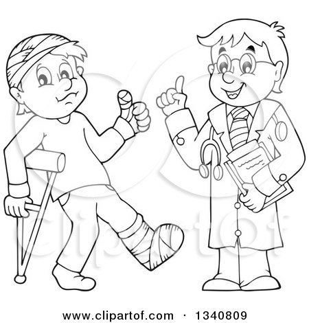 Lineart Clipart of a Cartoon Black and White Male Doctor and Injured Patient - Royalty Free Outline Vector Illustration by visekart