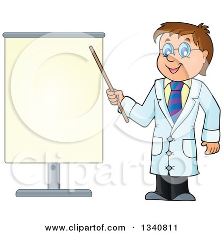 Clipart of a Cartoon Caucasian Male Doctor Holding a Pointer Stick by a Blank Board - Royalty Free Vector Illustration by visekart