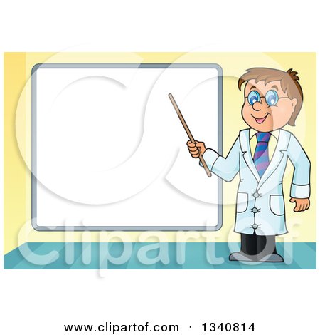 Clipart of a Cartoon Caucasian Male Doctor Holding a Pointer Stick by a Blank White Board - Royalty Free Vector Illustration by visekart
