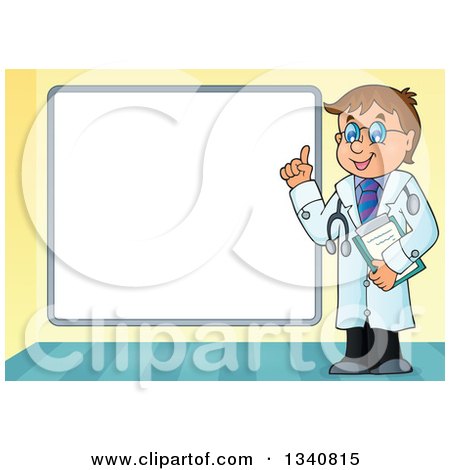 Clipart of a Cartoon Caucasian Male Doctor Holding up a Finger by a Blank White Board - Royalty Free Vector Illustration by visekart