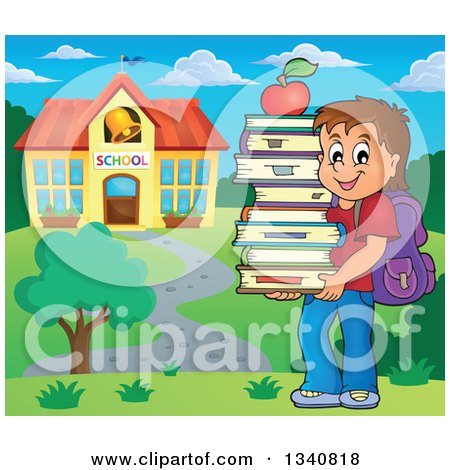 Clipart of a Cartoon Brunette Caucasian Boy Carrying a Stack of Books with an Apple on Top by a School Building - Royalty Free Vector Illustration by visekart