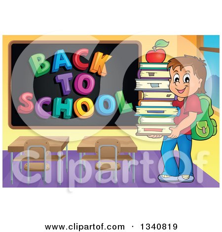 Clipart of a Cartoon Brunette Caucasian Boy Carrying a Stack of Books with an Apple on Top in a Class Room with a Back to School Black Board - Royalty Free Vector Illustration by visekart