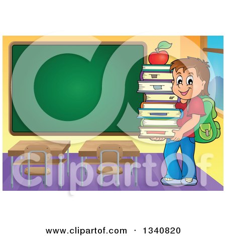 Clipart of a Cartoon Brunette Caucasian Boy Carrying a Stack of Books with an Apple on Top in a Class Room with a Blank Chalk Board - Royalty Free Vector Illustration by visekart