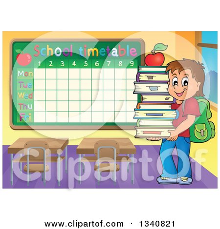 Clipart of a Cartoon Brunette Caucasian Boy Carrying a Stack of Books with an Apple on Top in a Class Room with a School Time Table - Royalty Free Vector Illustration by visekart