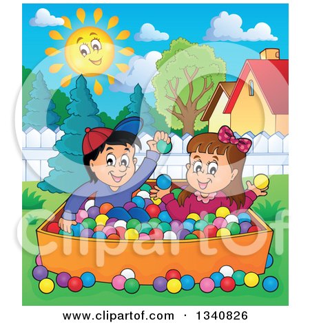 Clipart of a Cartoon Hispanic Boy and White Girl Playing in a Ball Pit in a Yard - Royalty Free Vector Illustration by visekart
