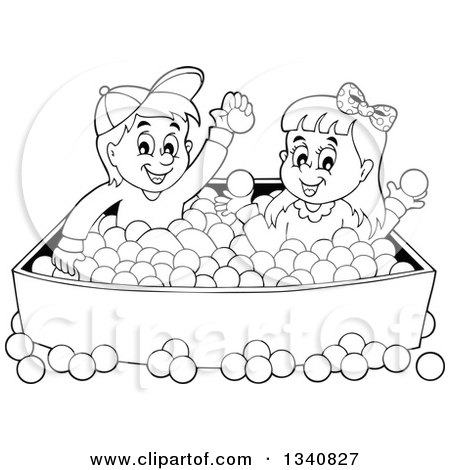 Lineart Clipart of a Cartoon Black and White Boy and Girl Playing in a Ball Pit - Royalty Free Outline Vector Illustration by visekart