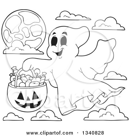Lineart Clipart of a Cartoon Black and White Happy Halloween Ghost with a Pumpkin Basket of Candy over a Moon and Clouds - Royalty Free Outline Vector Illustration by visekart