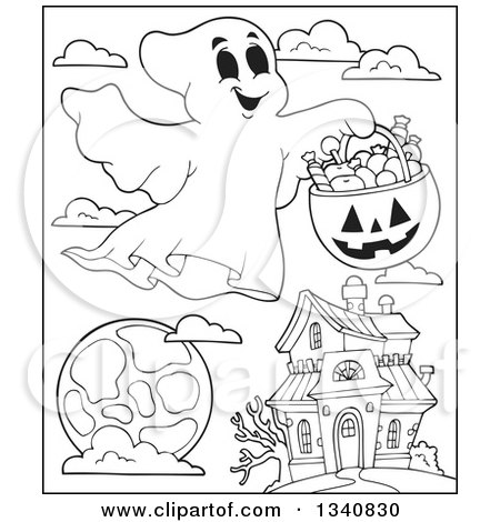 Lineart Clipart of a Cartoon Black and White Happy Halloween Ghost with a Pumpkin Basket of Candy over a Moon and Haunted House - Royalty Free Outline Vector Illustration by visekart