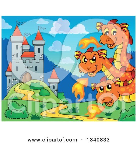 Clipart of a Cartoon Cute Orange Fire Breathing Three Headed Dragon by a Castle - Royalty Free Vector Illustration by visekart