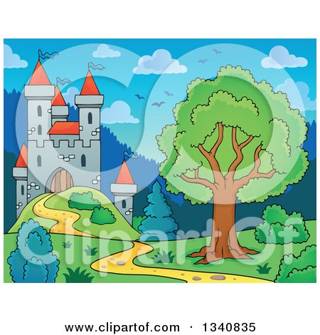 Clipart of a Cartoon Castle with a Mature Tree and Birds - Royalty Free Vector Illustration by visekart