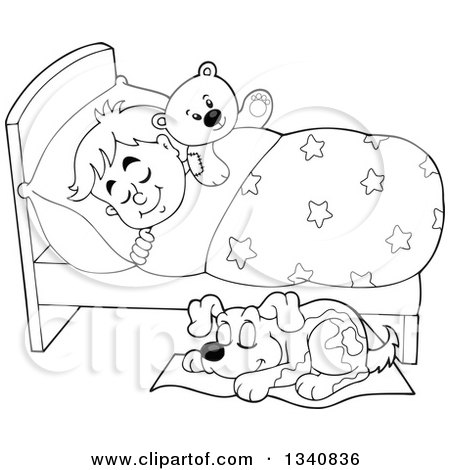 Lineart Clipart of a Cartoon Black and White Dog Sleeping by a Boy in Bed  with a Teddy Bear - Royalty Free Outline Vector Illustration by visekart  #1340836