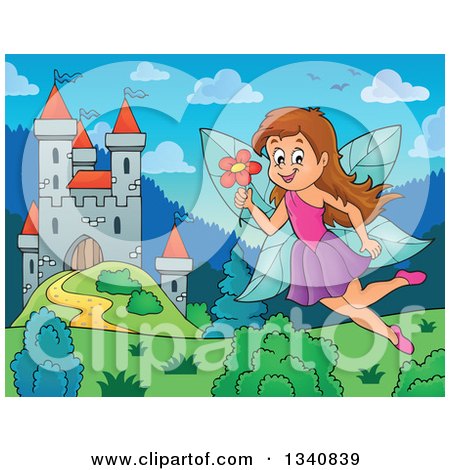 Clipart of a Cartoon Brunette White Female Fairy Flying with a Flower over a Castle - Royalty Free Vector Illustration by visekart