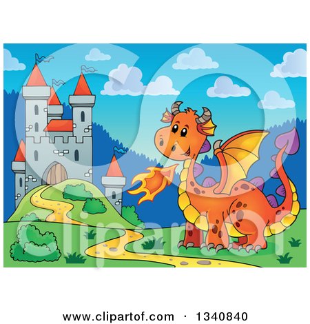 Clipart of a Cartoon Cute Orange Fire Breathing Dragon by a Castle - Royalty Free Vector Illustration by visekart