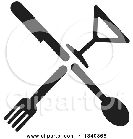 Clipart of Black Silhouetted Silverware and a Cocktail Glass Forming a Cross - Royalty Free Vector Illustration by ColorMagic