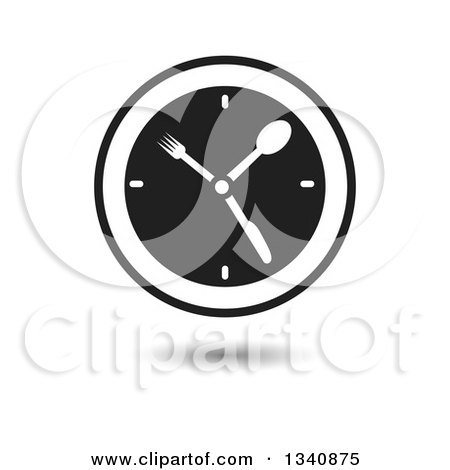 Clipart of a Floating Black and White Wall Clock with Silverware Hands over Shading - Royalty Free Vector Illustration by ColorMagic
