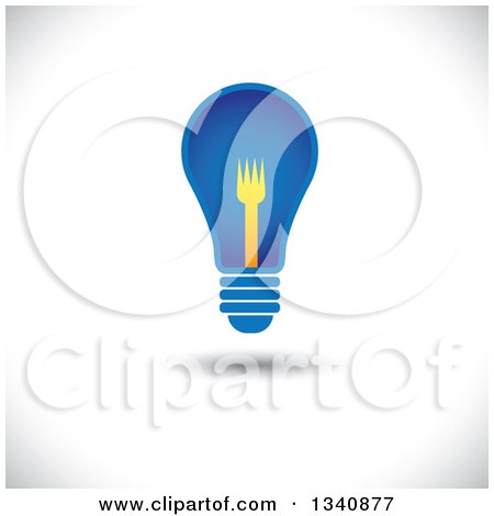 Clipart of a Floating Blue Light Bulb with a Yellow Fork Filament over Shading - Royalty Free Vector Illustration by ColorMagic