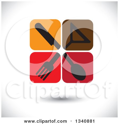 Clipart of Floating Icon Tiles with Silhouetted Silverware and a Cocktail Glass over Shading - Royalty Free Vector Illustration by ColorMagic