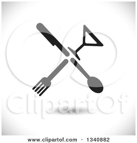 Clipart of Black Silhouetted Silverware and a Cocktail Glass Forming a Cross over Shading - Royalty Free Vector Illustration by ColorMagic