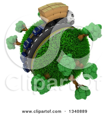 Clipart of a 3d Roadway with a Big Rig Truck Transporting Boxes, and Cars Driving Around a Grassy Planet with Trees, on White - Royalty Free Illustration by KJ Pargeter