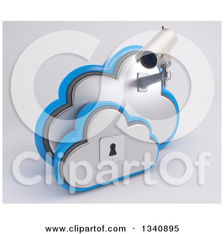 Clipart of a 3d White HD CCTV Security Surveillance Camera Mounted on Cloud Icon with a Key Hole, on off White - Royalty Free Illustration by KJ Pargeter