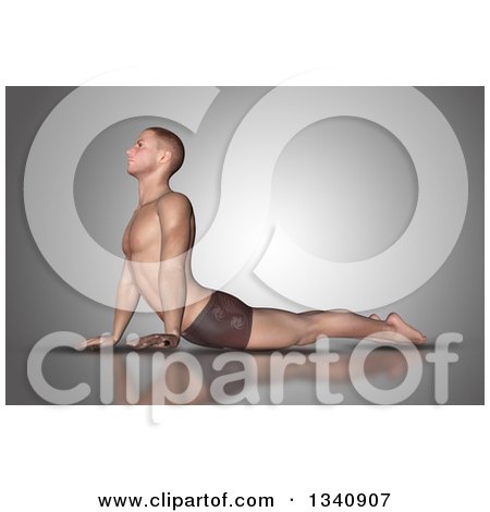 Clipart of a 3d Fit Caucasian Man Stretching in a Cobra Yoga Pose, on Gray - Royalty Free Illustration by KJ Pargeter