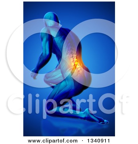 Clipart of a 3d Anatomical Man Kneeling on the Floor, with Visible Skeleton and Glowing Pain, on Blue 2 - Royalty Free Illustration by KJ Pargeter