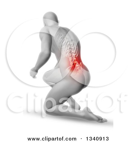 Clipart of a 3d White Anatomical Man Kneeling on the Floor, with Visible Ribs and Spine and Glowing Red Pain, on Shaded White - Royalty Free Illustration by KJ Pargeter
