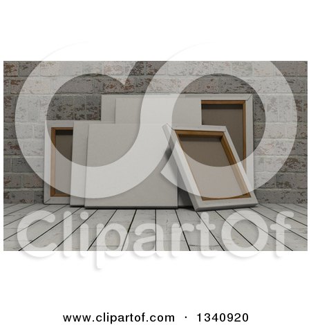 Clipart of 3d Blank Art Canvases, on Wood over Bricks 4 - Royalty Free Illustration by KJ Pargeter