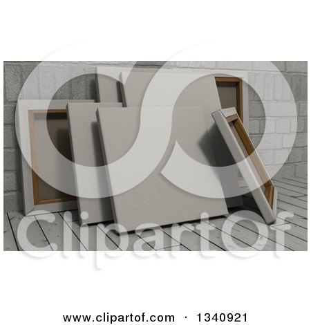 Clipart of 3d Blank Art Canvases, on Wood over Bricks 5 - Royalty Free Illustration by KJ Pargeter