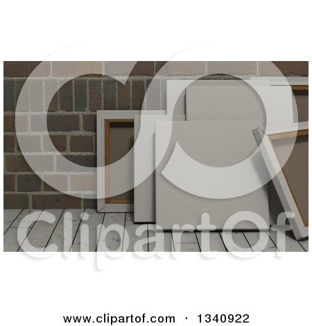 Clipart of 3d Blank Art Canvases, on Wood over Bricks 6 - Royalty Free Illustration by KJ Pargeter