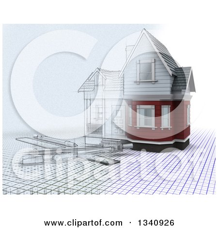 Clipart of a Half 3d, Half Sketched Custom Home with Drafting Tools on Blueprints, over White - Royalty Free Illustration by KJ Pargeter