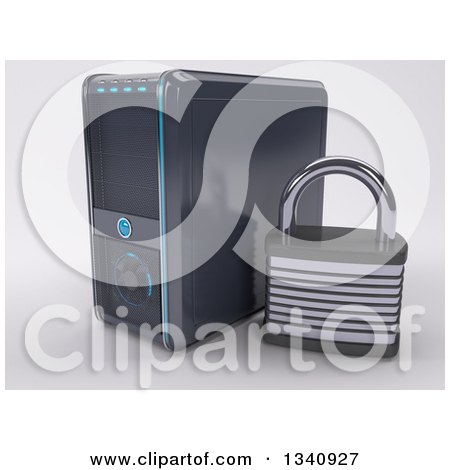 Clipart of a 3d Pc Desktop Computer Tower and Security Padlock, on Shading - Royalty Free Illustration by KJ Pargeter