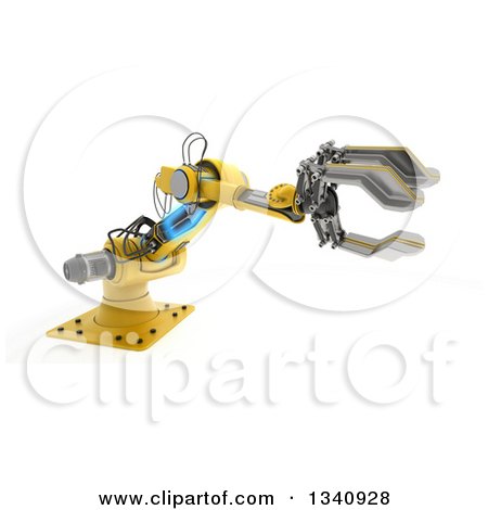 Clipart of a 3d Yellow Industrial Robotic Arm, on White 2 - Royalty Free Illustration by KJ Pargeter