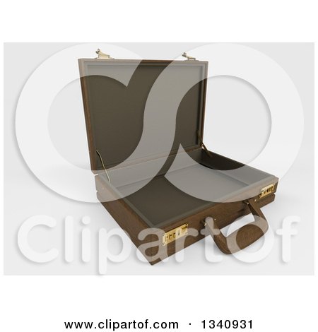 Clipart of a 3d Open Brown Professional Briefcase on Shaded White, Tilted to the Right, on Shading - Royalty Free Illustration by KJ Pargeter
