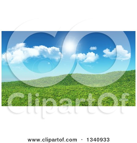 Clipart of a 3d Grassy Spring Hill Against a Blue Sky with Clouds and Sunshine - Royalty Free Illustration by KJ Pargeter