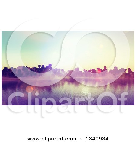 Clipart of a 3d Tropical Island with Sunset Flares - Royalty Free Illustration by KJ Pargeter