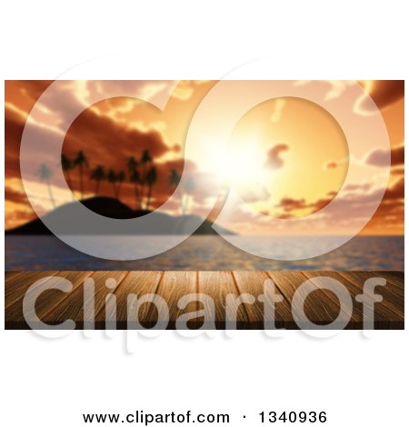 Clipart of a 3d Tropical Island with Palm Trees and a Table or Bar Against an Orange Sunset - Royalty Free Illustration by KJ Pargeter