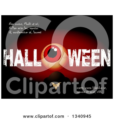 Clipart of a Blood Shot Eyeball in Grungy HALLOWEN and Sample Text over a Bat and Tombstone Against Black and Red - Royalty Free Vector Illustration by elaineitalia