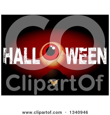 Clipart of a Blood Shot Eyeball in Grungy HALLOWEN Text over a Bat and Tombstone Against Black and Red - Royalty Free Vector Illustration by elaineitalia