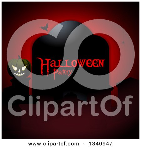 Clipart of a Vampire Bat, Spider and Illuminated Halloween Pumpkin Jackolantern by a Halloween Party Tombstone over Red - Royalty Free Vector Illustration by elaineitalia