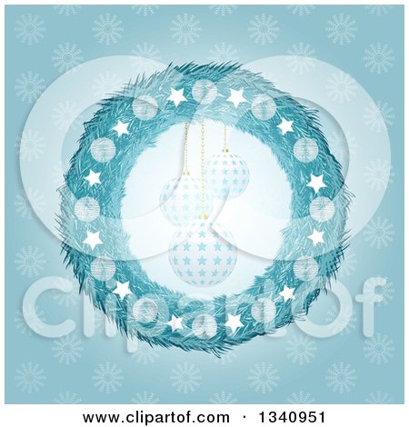 Clipart of a 3d Blue Christmas Wreath Framing Suspended Ornaments over a Snowflake Pattern - Royalty Free Vector Illustration by elaineitalia