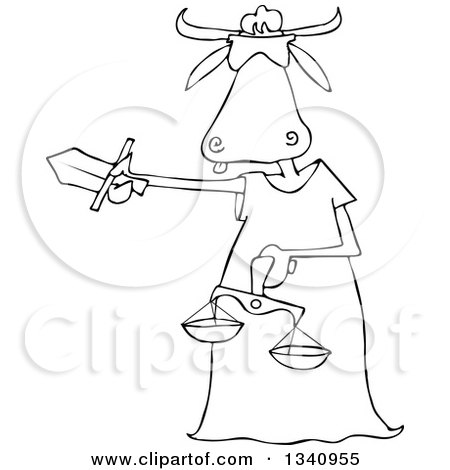 Lineart Clipart of a Cartoon Black and White Blindfolded Lady Justice Cow Holding a Sword and Scales - Royalty Free Outline Vector Illustration by djart