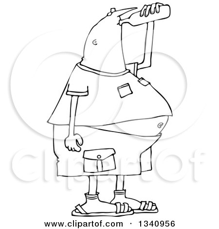 Lineart Clipart of a Cartoon Black and White Chubby Man Drinking Water from a Bottle - Royalty Free Outline Vector Illustration by djart