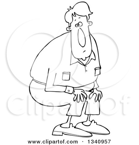 Lineart Clipart of a Cartoon Black and White Man Crouching - Royalty Free Outline Vector Illustration by djart