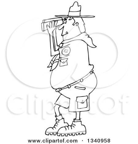 Lineart Clipart of a Cartoon Black and White Scout Man Facing Left and Looking Through Binoculars - Royalty Free Outline Vector Illustration by djart