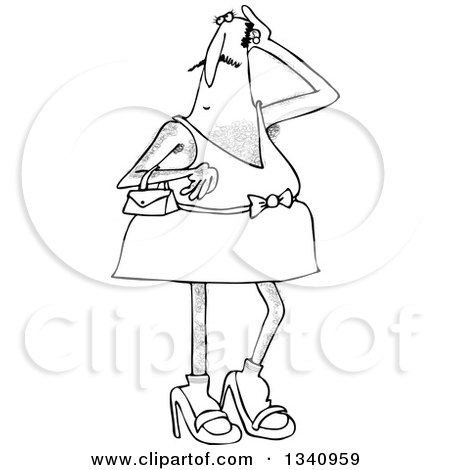 Lineart Clipart of a Cartoon Black and White Hairy Man in Heels and a Dress - Royalty Free Outline Vector Illustration by djart