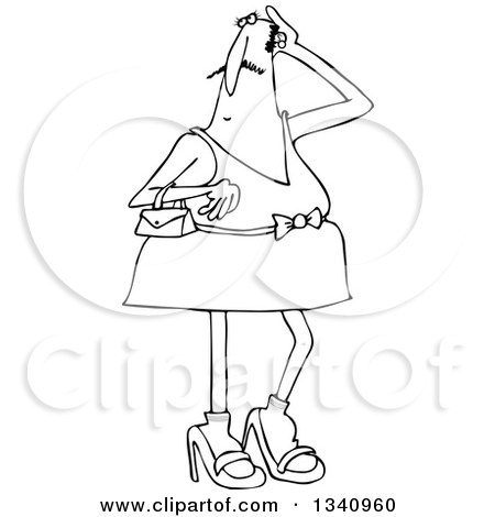 Lineart Clipart of a Cartoon Black and White Man in Heels and a Dress - Royalty Free Outline Vector Illustration by djart
